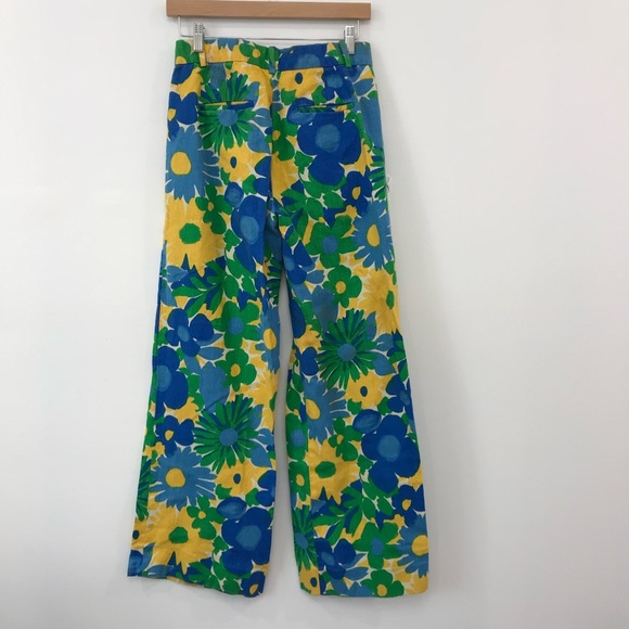J. Crew Women’s 100% Linen Wide Leg Pants Floral Blue Green Yellow High Waist 2 - Picture 2 of 5